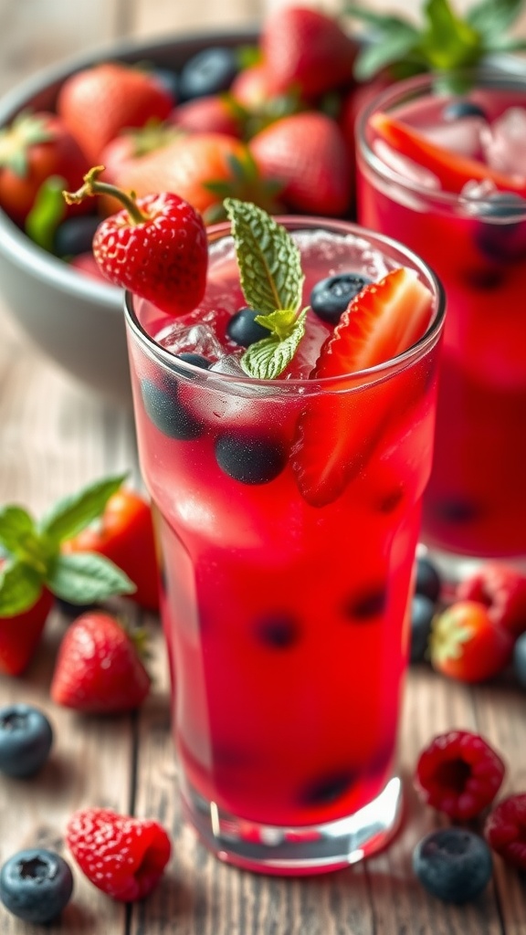 A colorful berry rum cocktail in a glass, garnished with fresh berries and mint, on a wooden table.